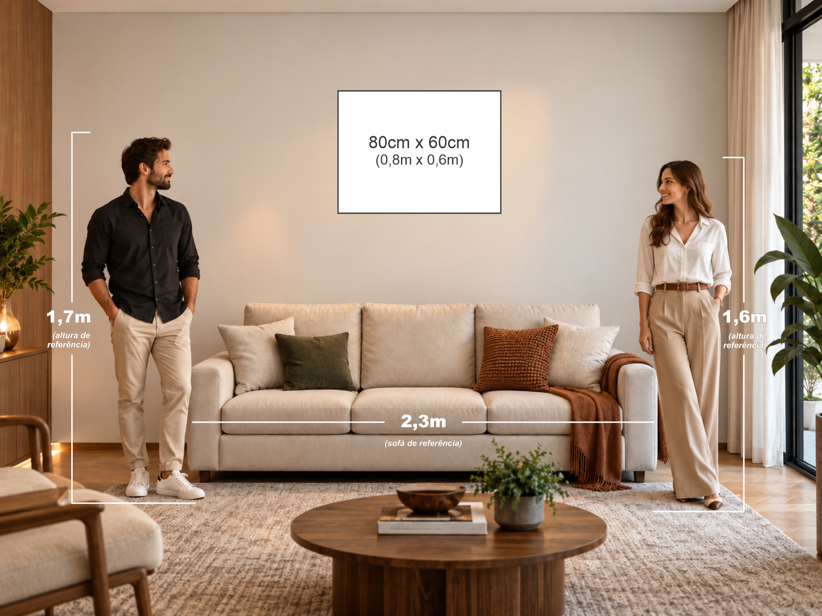 Quadro horizontal de 80 por 60 centímetros em ambiente de referência com sofá e duas pessoas